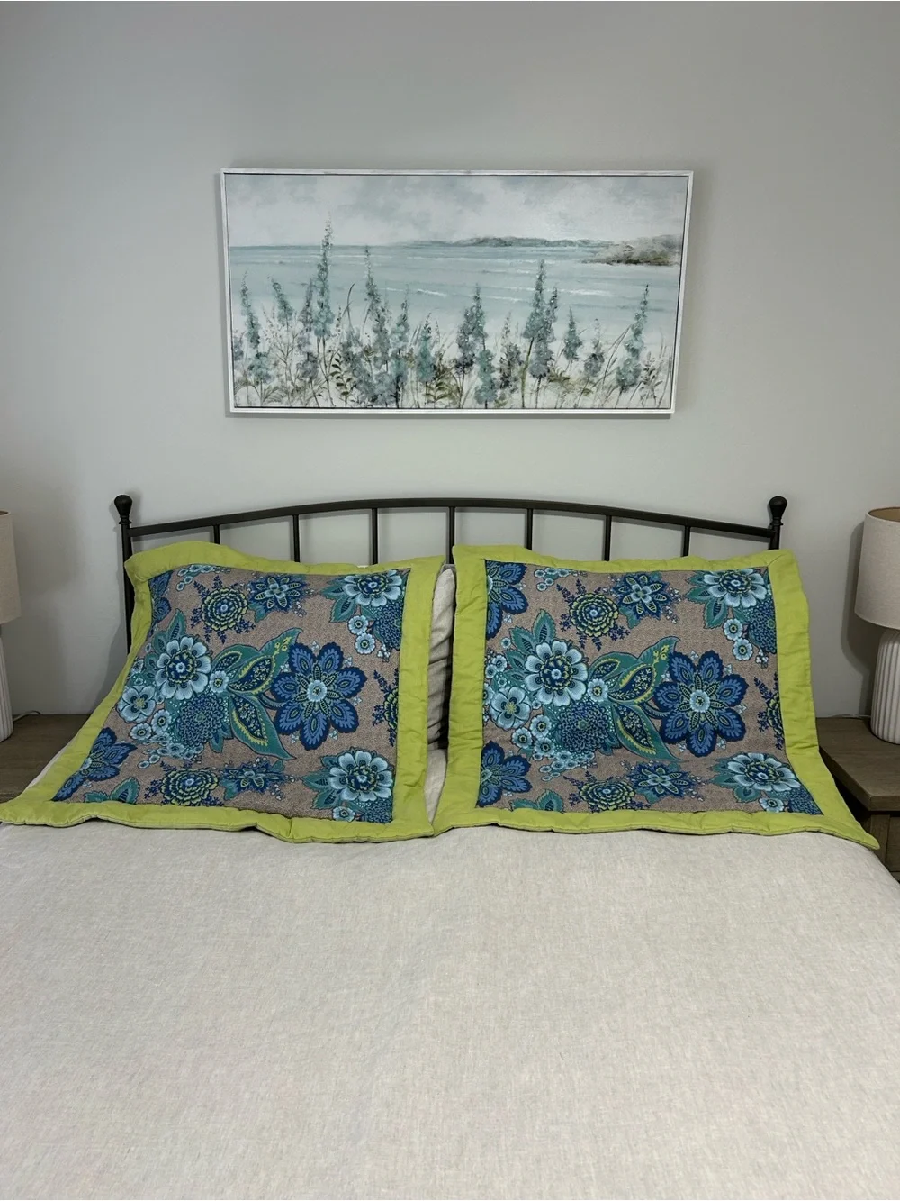 Set of two Square euro sham pillow covers.Floral Blue & Lime. 30 x 30 inches
